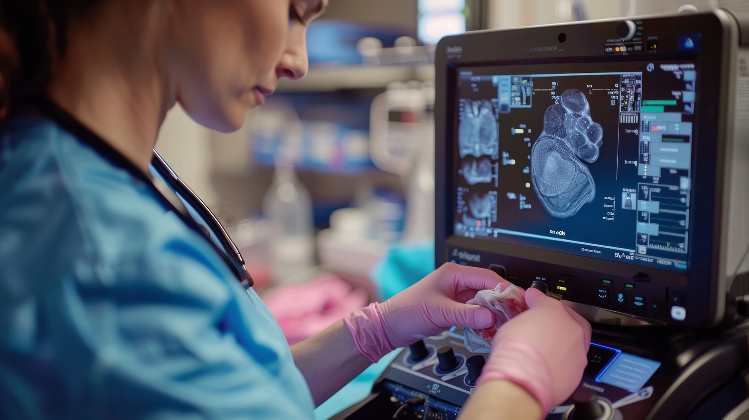 PCR-Test - PCR-Testverfahren - Arzt führt Ultraschall durch. Konzept der Schwangerschaftsvorsorge. Makrofoto. Sauber und realistisch
